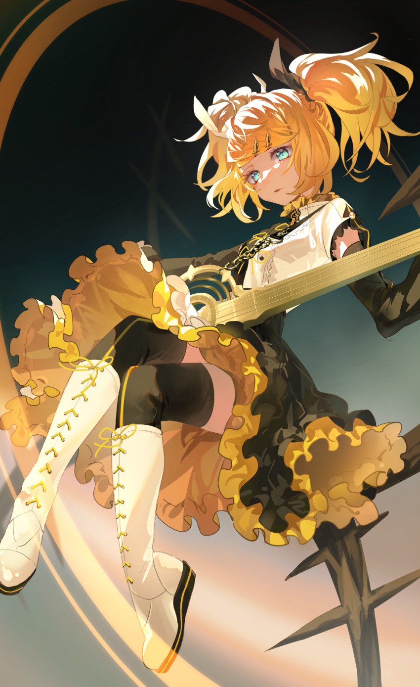 1girl alternate_hairstyle aqua_eyes asahi_yuuji bass_guitar black_dress black_thighhighs blonde_hair boots bow cross-laced_footwear detached_sleeves dress elbow_gloves floating floating_hair frilled_dress frills from_below gloves gold_trim guitar hair_bow hair_ornament hair_ribbon hairclip high_collar highres holding_bass instrument invisible_chair kagamine_rin kagamine_rin_(roshin_yuukai/hard_rkmix) knee_boots lace-up_boots looking_at_viewer medium_dress music official_alternate_hairstyle open_mouth parted_lips playing_instrument reactor_(module) ribbon roshin_yuukai_(vocaloid) shirt_over_dress short_sleeves short_twintails sitting solo swept_bangs thigh_boots thighhighs twintails two-sided_fabric two-tone_dress two-tone_shirt vocaloid white_footwear zettai_ryouiki