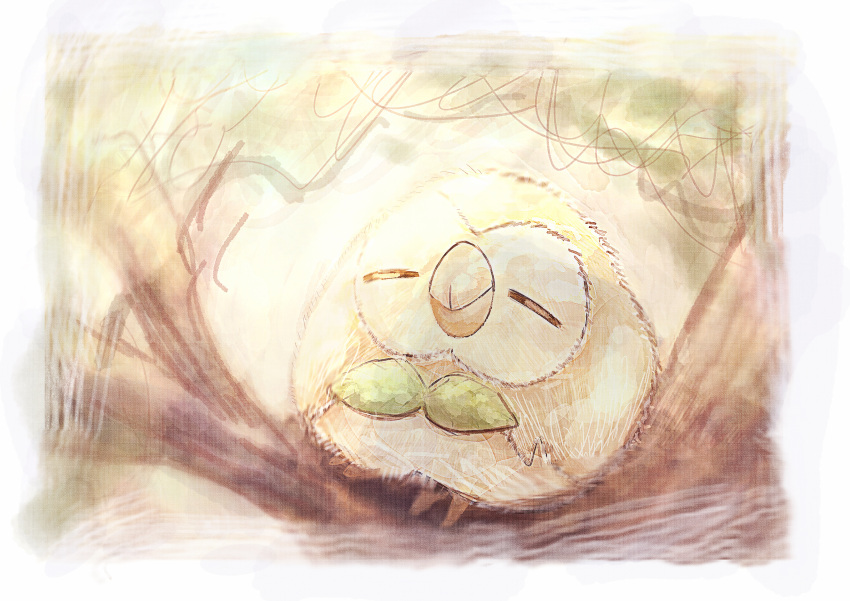 =_= absurdres animal_focus bird border closed_eyes closed_mouth commentary_request full_body highres in_tree no_humans outdoors pokemon pokemon_(creature) rowlet sitting sketch sleeping solo tensaitou_tou tree white_border
