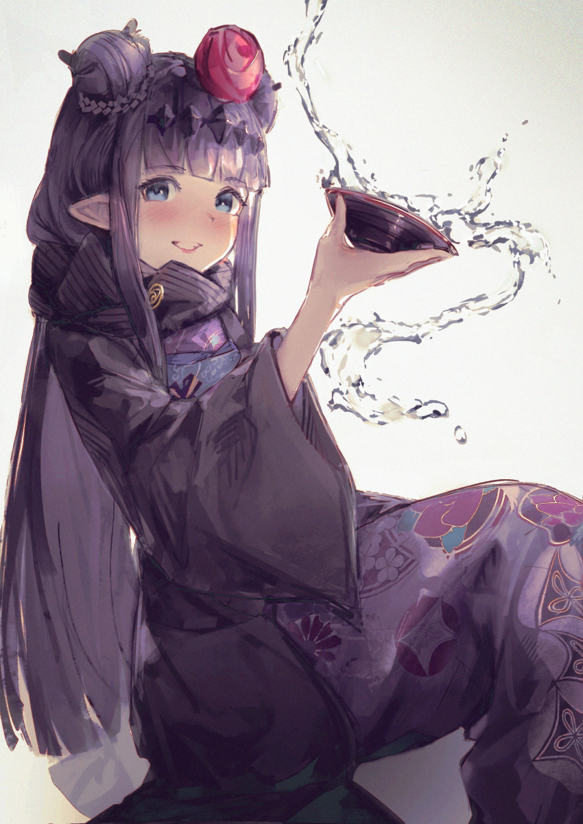 1girl absurdres blue_eyes blunt_bangs braid braided_bun choko_(cup) commentary_request cup double_bun flower greedice grey_background hair_bun hair_flower hair_ornament highres holding holding_cup hololive hololive_english invisible_chair japanese_clothes kimono light_blush long_hair looking_at_viewer ninomae_ina'nis ninomae_ina'nis_(new_year) obi official_alternate_costume official_alternate_hairstyle parted_lips pointy_ears print_kimono purple_hair sash sidelocks simple_background sitting smile solo spill virtual_youtuber wide_sleeves