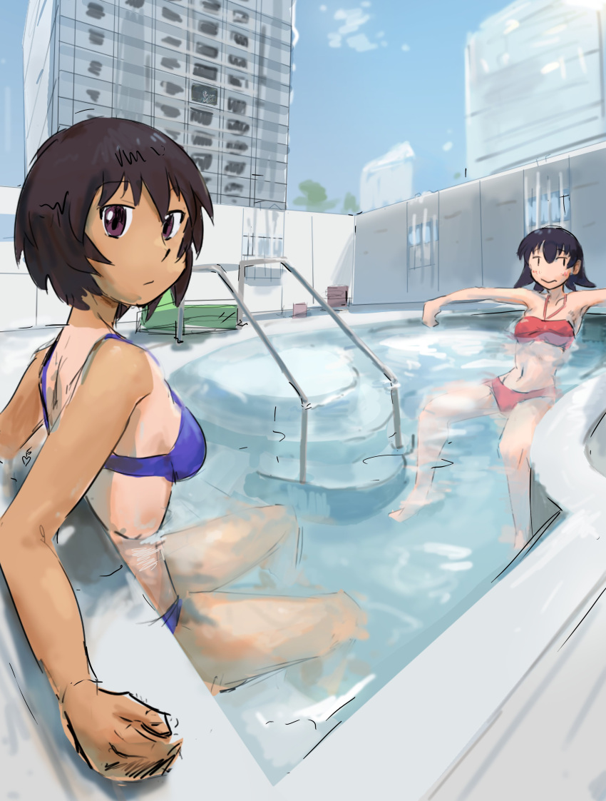 2girls absurdres azumanga_daioh day highres kagura_(azumanga_daioh) liamickpie looking_at_viewer multiple_girls pool sitting spa stairs swimsuit tan water