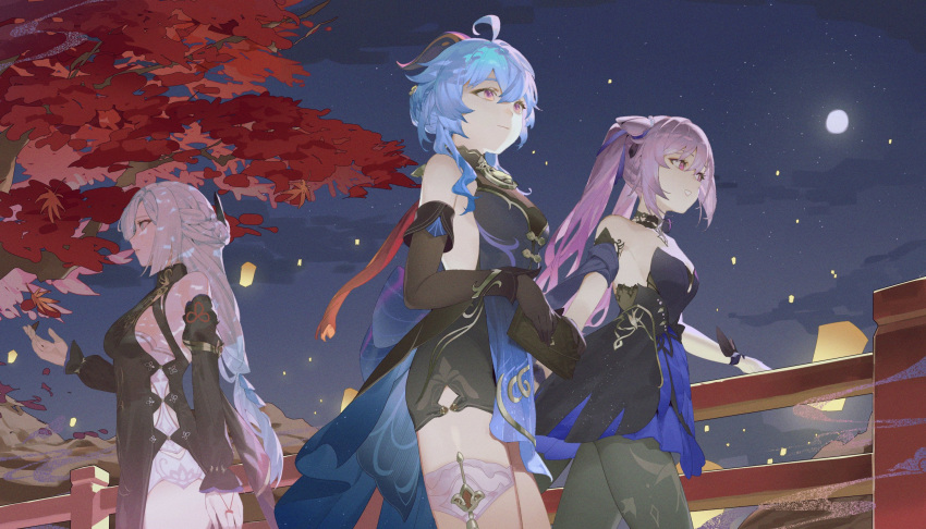 3girls ahoge bare_shoulders black_gloves black_pantyhose blue_hair braid chinese_clothes closed_mouth cone_hair_bun detached_sleeves full_moon ganyu_(genshin_impact) ganyu_(twilight_blossom)_(genshin_impact) genshin_impact gloves goat_horns grey_hair hair_between_eyes hair_bun highres holding holding_wallet horns keqing_(genshin_impact) keqing_(opulent_splendor)_(genshin_impact) long_hair long_sleeves looking_to_the_side moon multiple_girls night night_sky official_alternate_costume official_alternate_hairstyle outdoors pantyhose parted_lips purple_hair ryein shenhe_(frostflower_dew)_(genshin_impact) shenhe_(genshin_impact) sky smile twintails wallet