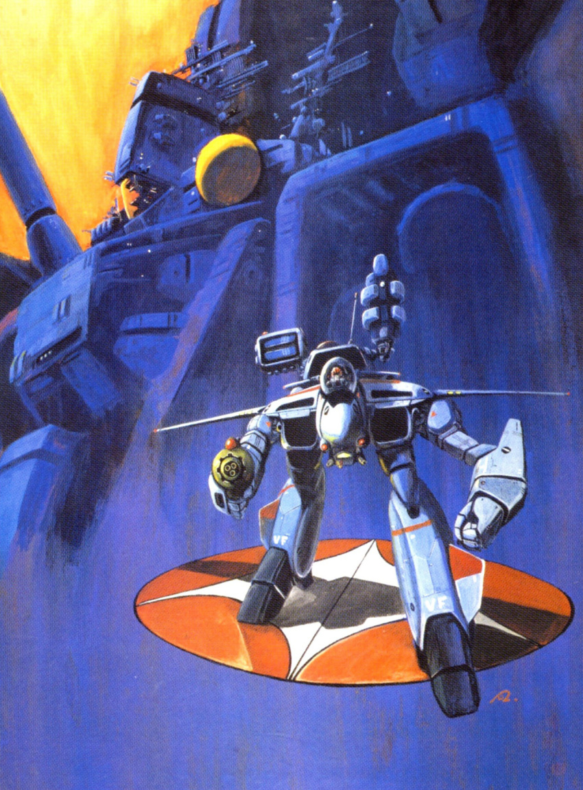 1980s_(style) 1boy aiming aiming_at_viewer choujikuu_yousai_macross concept_art emblem gerwalk gunpod highres ichijou_hikaru light looking_at_viewer machinery macross mecha missile_pod official_art pilot production_art promotional_art radar_dish radio_antenna retro_artstyle robot robotech roundel scan science_fiction sdf-1 searchlight spacecraft thrusters traditional_media u.n._spacy vf-1 vf-1j yasuhiko_yoshikazu