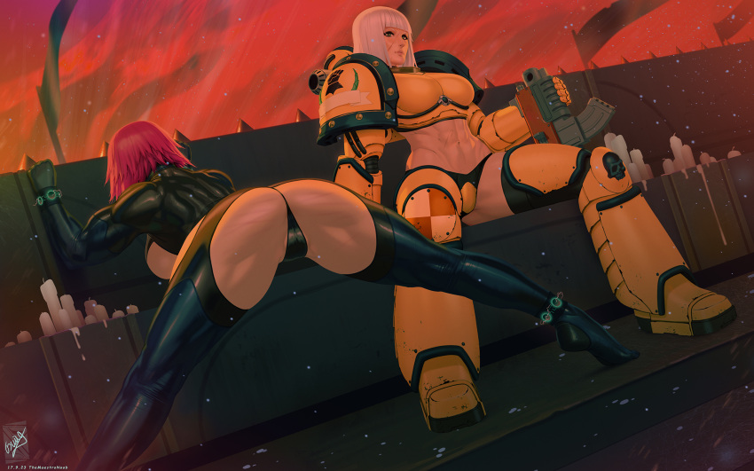 2girls abs arm_support armor bent_over black_gloves black_panties black_thighhighs breasts cameltoe candle gloves gun highres holding holding_gun holding_weapon imperial_fists large_breasts legs_apart multiple_girls muscular muscular_female navel panties red_hair red_sky scar scar_on_face short_hair sitting sky smile spread_legs standing themaestronoob thighhighs underwear warhammer_40k weapon whip_marks white_hair yellow_panties