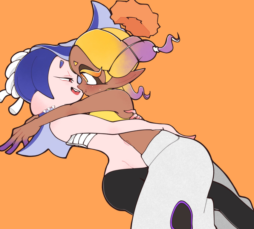 2girls 333surimi bare_shoulders black_pants blonde_hair blue_hair blush bright_pupils cephalopod_eyes chest_sarashi closed_mouth colored_eyelashes commentary_request dark-skinned_female dark_skin frye_(splatoon) gradient_hair groin harem_pants highres hug long_hair long_pointy_ears medium_hair multicolored_hair multiple_girls navel open_mouth orange_background pants pointy_ears purple_hair sarashi shiver_(splatoon) simple_background smile splatoon_(series) splatoon_3 star-shaped_pupils star_(symbol) symbol-shaped_pupils teeth tentacle_hair thick_eyebrows tooth_earrings two-tone_hair upper_teeth_only white_pants white_pupils yuri