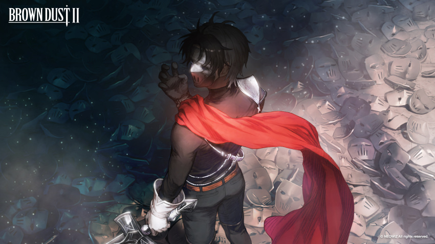 1boy absurdres asymmetrical_gloves belt black_gloves black_hair black_pants black_shirt boots brown_dust_2 cape copyright_name feet_out_of_frame gloves highres holding holding_sword holding_weapon lathel_(brown_dust) mask official_alternate_costume official_art official_wallpaper pants red_cape second-party_source shirt single_shoulder_pad solo sunlight sword weapon white_gloves