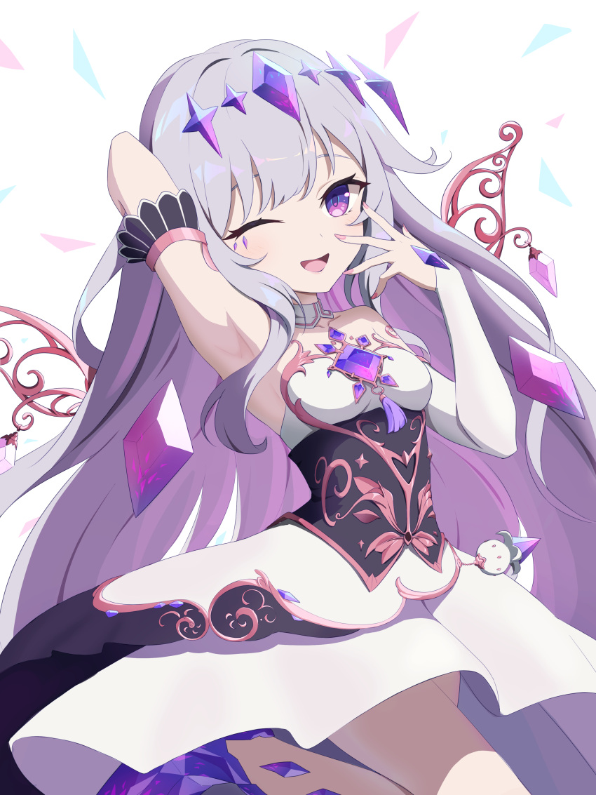 1girl absurdres armpits bare_shoulders breasts detached_collar detached_sleeves gem grey_hair hand_on_own_face highres hololive hololive_english koseki_bijou koseki_bijou_(1st_costume) leg_up long_hair one_eye_closed open_mouth pink_nails purple_eyes small_breasts solo very_long_hair virtual_youtuber wuqi_wupenguin