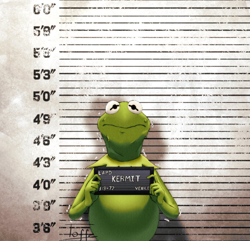 1boy barbie_mugshot_(meme) character_name english_text frog_boy furry furry_male imtoffe kermit_the_frog looking_at_viewer meme mugshot muppets signature solo