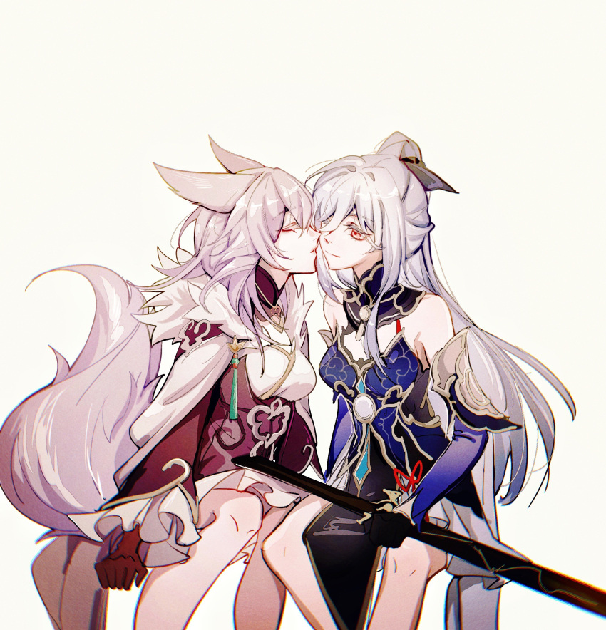 2girls animal_ears baiheng_(honkai:_star_rail) bare_shoulders black_gloves blue_dress chinese_commentary closed_eyes collared_dress commentary_request detached_sleeves dress feet_out_of_frame fox_ears fox_girl fox_tail from_side fur-trimmed_dress fur_trim gloves hair_ribbon high_ponytail highres honkai:_star_rail honkai_(series) incoming_kiss invisible_chair jingliu_(honkai:_star_rail) kiss kissing_cheek long_hair looking_at_another multiple_girls one_eye_closed parted_lips pink_hair profile purple_dress red_eyes red_gloves ribbon shenron14437 simple_background sitting smile tail white_background white_hair yuri