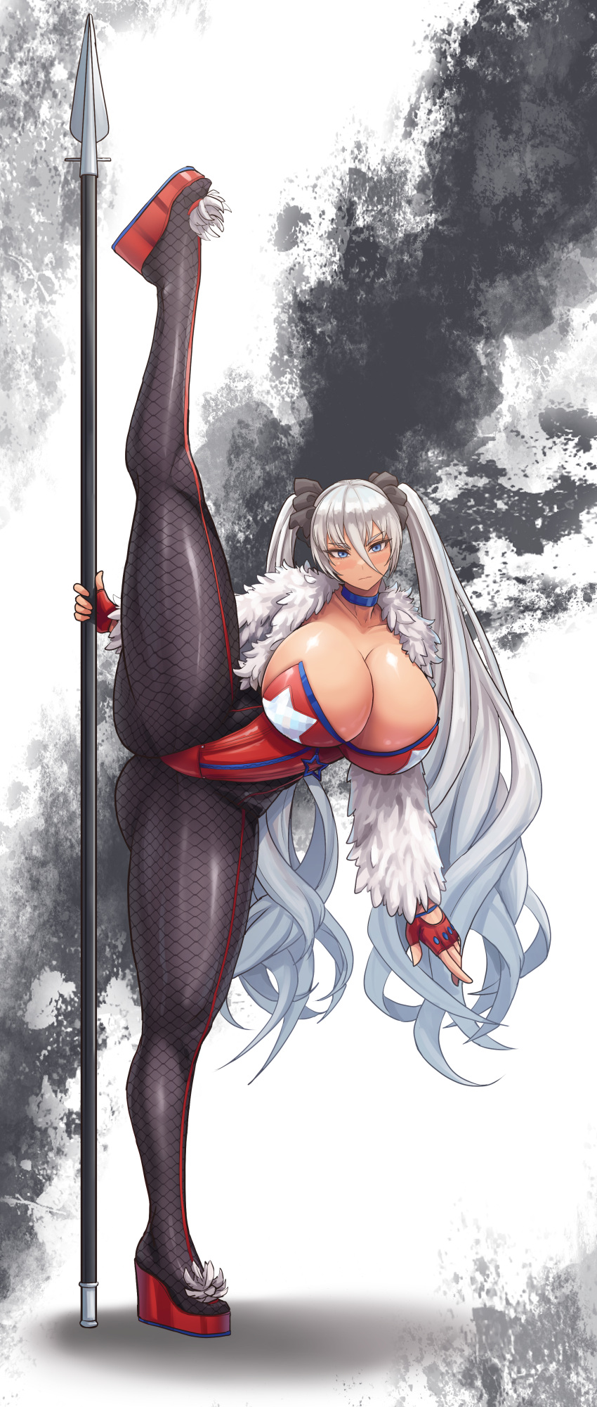 1girl absurdres ass_visible_through_thighs blue_choker blue_eyes breasts choker cleavage curvy dryseaweed fingerless_gloves fishnet_pantyhose fishnets gloves grey_hair highres holding holding_polearm holding_weapon huge_breasts leotard long_hair long_legs original pantyhose platform_footwear polearm red_gloves red_leotard serious simple_background solo spear split standing standing_on_one_leg standing_split star_(symbol) stole thick_thighs thighs twintails v-shaped_eyebrows very_long_hair weapon