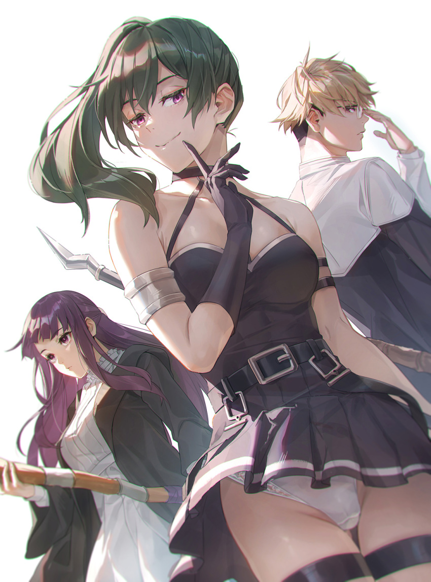 1boy 2girls arm_strap armlet bare_shoulders belt black_belt black_coat black_dress blonde_hair blunt_bangs breasts choker coat cut_bangs dress fern_(sousou_no_frieren) glasses gloves green_hair highres holding holding_staff land_(sousou_no_frieren) large_breasts long_hair looking_down mage_staff multiple_girls o-ring o-ring_choker panties pleated_skirt purple_eyes purple_hair purple_pupils short_hair side_ponytail single_glove skirt sousou_no_frieren staff straight_hair thighlet tight_(ohmygod) ubel_(sousou_no_frieren) underwear upskirt white_background white_dress