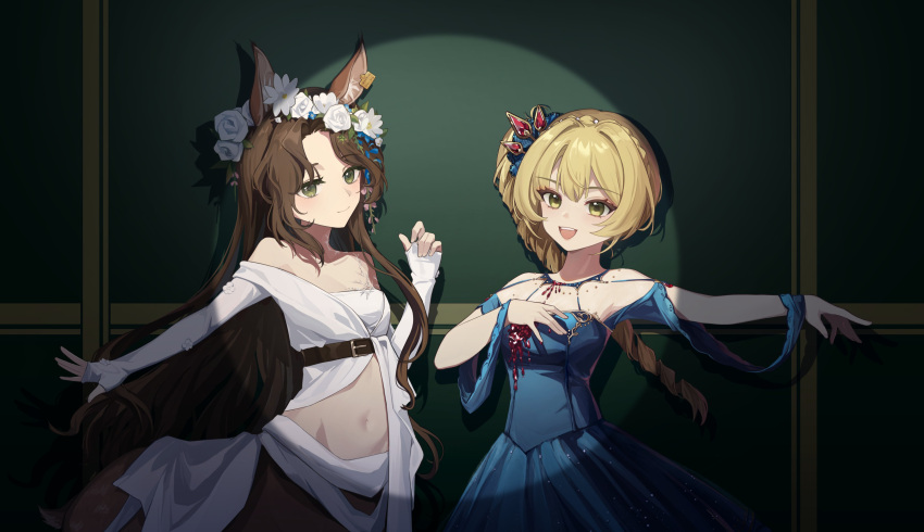 2girls :d absurdres animal_ears belt blonde_hair blue_dress breasts brown_belt brown_hair centauroid cropped_shirt deer_ears deer_girl deer_tail diadem dress drill_hair ear_tag flower flower_wreath green_background green_eyes hand_on_own_chest hand_up head_wreath highres jessica_(reverse:1999) long_hair looking_at_viewer multiple_girls navel off_shoulder outstretched_arm reverse:1999 rose shirt side_drill smile sotheby spotlight stomach tail taur teeth underboob upper_body upper_teeth_only very_long_hair white_flower white_rose white_shirt xiaoyulinglinglinglingling