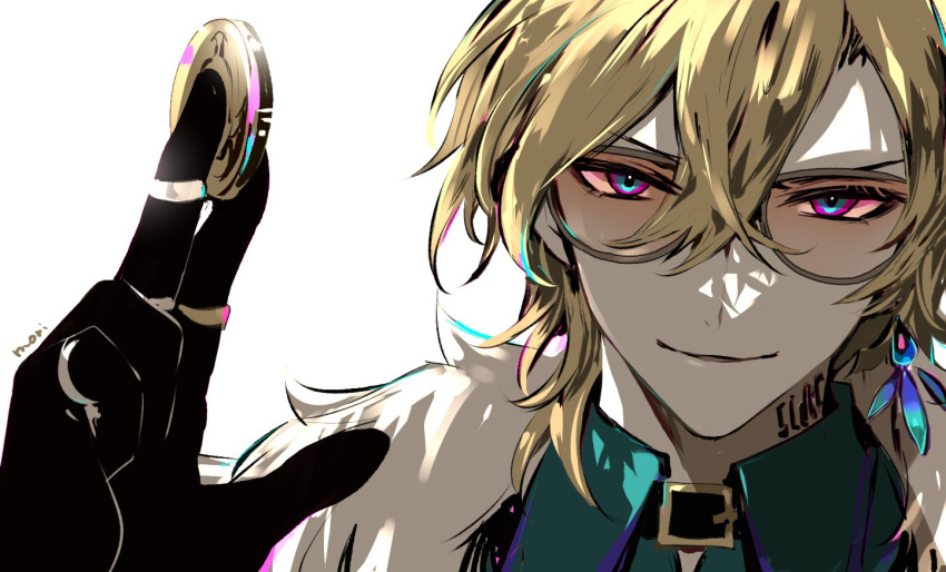 1boy aqua_shirt aventurine_(honkai:_star_rail) black_gloves blonde_hair coin collared_shirt earrings glasses gloves hair_between_eyes holding holding_coin honkai:_star_rail honkai_(series) jewelry looking_at_viewer male_focus mori_morii neck_tattoo shirt solo tattoo white_background