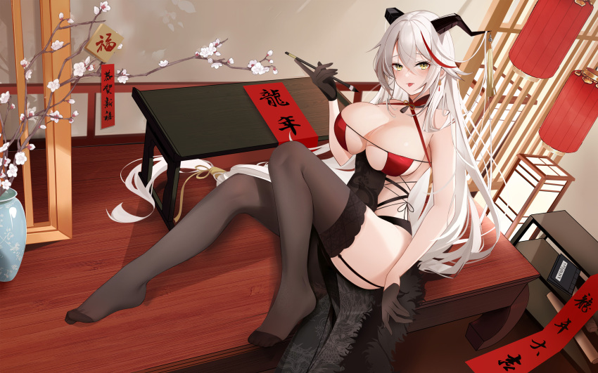 1girl absurdres aegir_(azur_lane) aegir_(golden_dragon_among_auspicious_clouds)_(azur_lane) azur_lane bare_shoulders black_garter_straps black_horns black_thighhighs breasts chinese_zodiac cleavage criss-cross_halter cross-laced_clothes demon_horns framed_breasts garter_straps hair_on_horn halterneck highres holding holding_brush holding_calligraphy_brush holding_paintbrush horns incense knees_up lace-trimmed_thighhighs lantern large_breasts long_hair multicolored_hair no_shoes official_alternate_costume paintbrush red_hair revealing_clothes sideless_outfit sitting streaked_hair syngeloussier thighhighs white_hair year_of_the_dragon