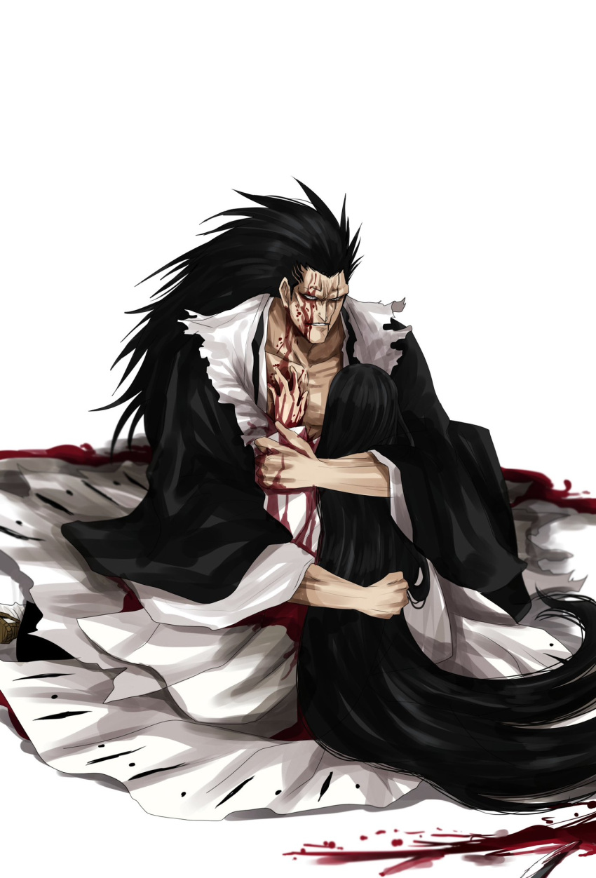 1boy 1girl absurdly_long_hair bleach blood blood_on_face dying hair_slicked_back highres hoshi_san_3 hug japanese_clothes kimono kneeling long_hair parted_lips robe sanpaku scar scar_across_eye simple_background spoilers unohana_retsu very_long_hair white_background white_kimono zaraki_kenpachi