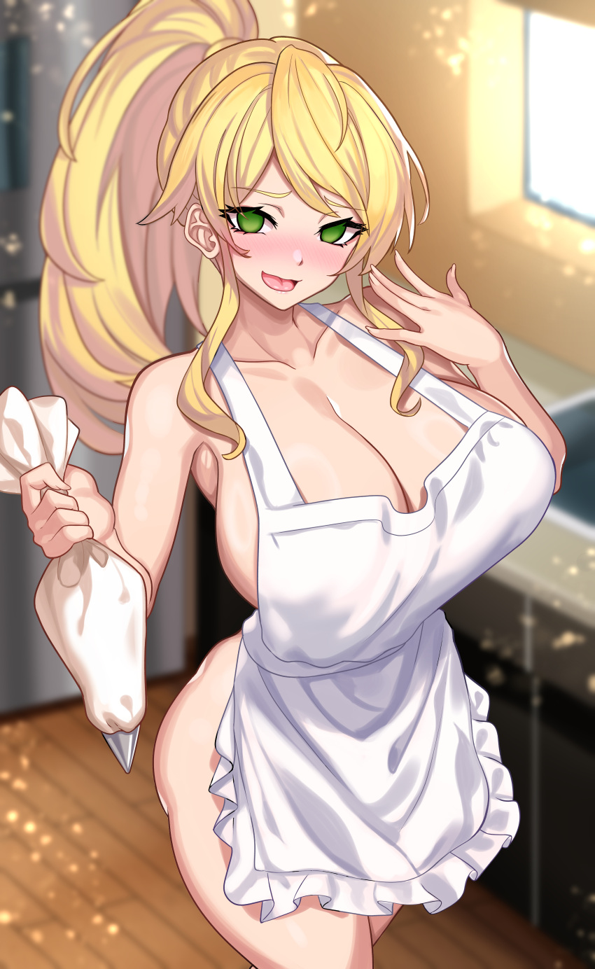 1girl :d absurdres apron bare_arms bare_shoulders blonde_hair blurry blurry_background breasts character_request commentary commission copyright_request cowboy_shot empty_eyes green_eyes highres huge_breasts indoors long_hair looking_at_viewer naked_apron nez-box open_mouth ponytail smile solo standing thighs white_apron