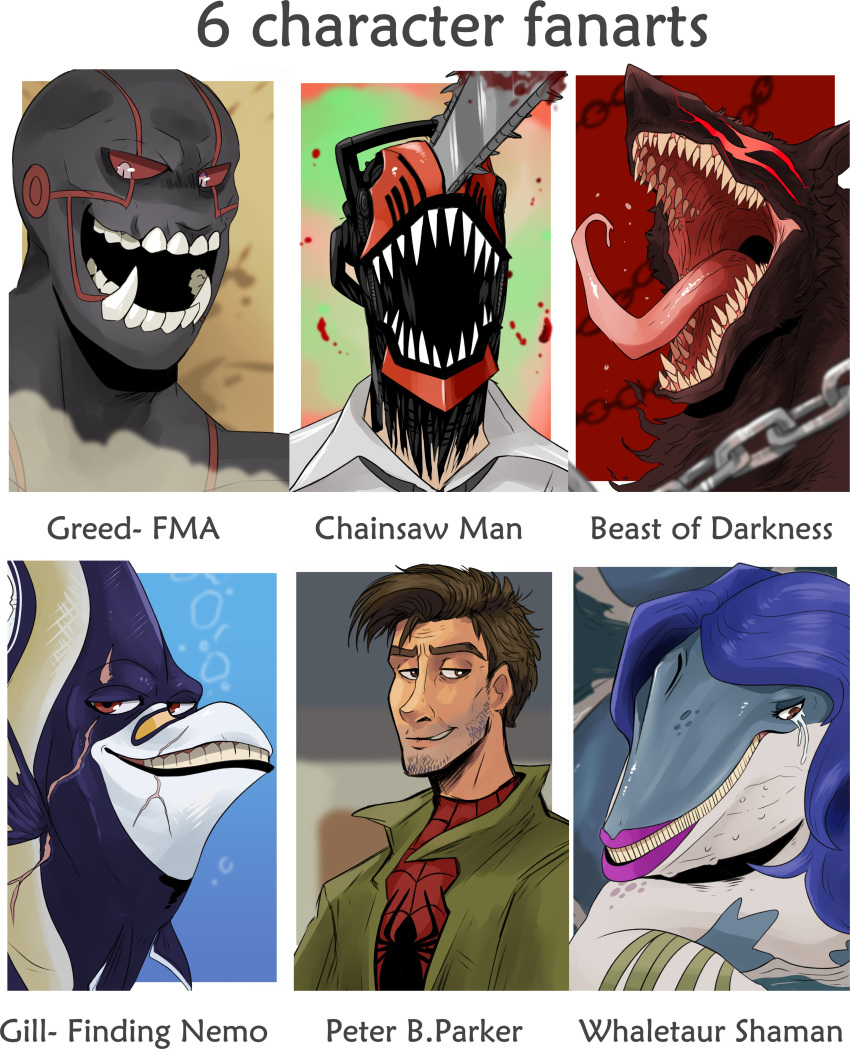 absurd_res ambiguous_gender anthro beast_of_darkness black_body blue_body bodily_fluids brown_body brown_eyes brown_fur bubble bust_portrait cetacean chain chainsaw_man clothed clothing crying feral fur gill_(finding_nemo) greed_(fullmetal_alchemist) green_clothing green_topwear grey_body grey_skin grin hi_res human humanoid imperatorcaesar looking_at_viewer male mammal marine markings multiple_images narrowed_eyes peter_b._parker pink_eyes portrait red_background red_clothing red_eyes red_markings red_sclera red_topwear sharp_teeth simple_background smile solo tan_body tan_skin tears teeth topwear underwater water whaletaur_shaman white_body white_clothing white_topwear yellow_body