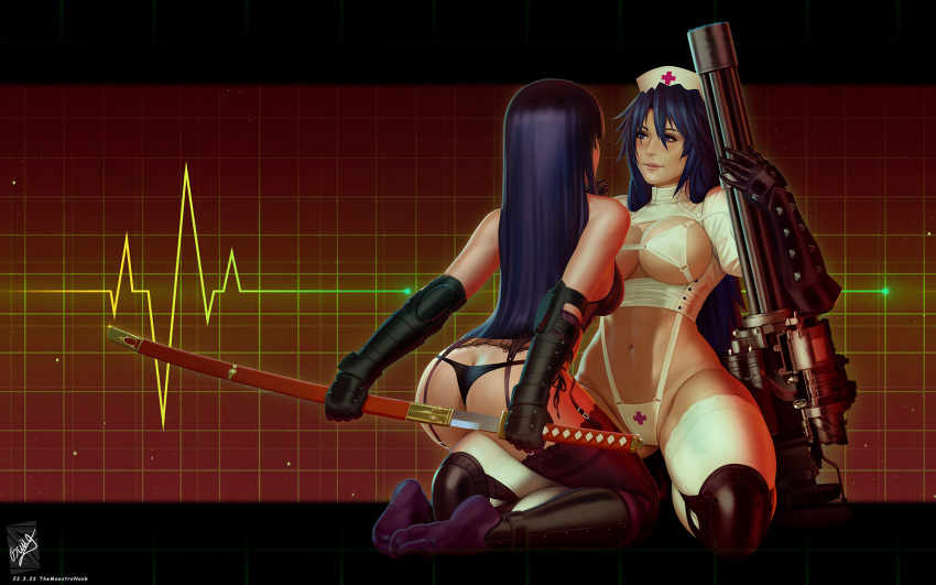 2girls arms_behind_back artist_name ass bare_shoulders black_gloves black_hair black_panties blue_hair breasts busujima_saeko closed_mouth dated elbow_gloves facing_another gatling_gun gloves groin hair_between_eyes hand_up hands_up hat highres highschool_of_the_dead hitsugi_sayo holding holding_sword holding_weapon kneeling large_breasts long_hair long_sleeves looking_at_another minigun multiple_girls no_shoes nurse nurse_cap panties sheath shiny_skin signature smile sword themaestronoob thighhighs triage_x underwear unsheathing weapon white_slingshot_swimsuit white_thighhighs