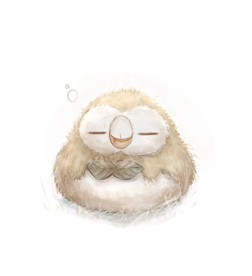 =_= absurdres animal_focus bird commentary drooling fat full_body highres no_humans open_mouth pokemon pokemon_(creature) rowlet saliva simple_background sitting sleep_bubble sleeping solo tensaitou_tou white_background