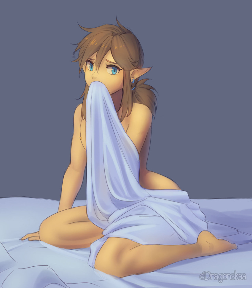 1boy arm_support artist_name barefoot blanket blonde_hair blue_eyes commentary covered_mouth earrings english_commentary feet full_body highres holding holding_blanket jewelry link long_hair looking_at_viewer male_focus moonshadelf nude pointy_ears ponytail sidelocks sitting solo the_legend_of_zelda the_legend_of_zelda:_breath_of_the_wild