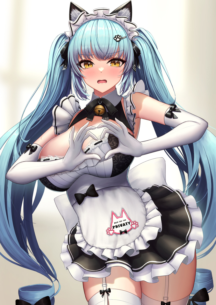 1girl abeen_jhong animal_ears apron aqua_hair black_dress blush breasts cat_ears character_name cleavage_cutout clothing_cutout commentary_request cowboy_shot dress embarrassed frilled_apron frilled_dress frills garter_straps gloves goddess_of_victory:_nikke hands_up heart heart_hands highres large_breasts long_hair looking_at_viewer maid maid_apron maid_headdress multicolored_background official_alternate_costume open_mouth partial_commentary paw_hair_ornament privaty_(nikke) privaty_(unkind_maid)_(nikke) sleeveless sleeveless_dress solo thighhighs twintails very_long_hair waist_apron white_gloves white_thighhighs yellow_eyes