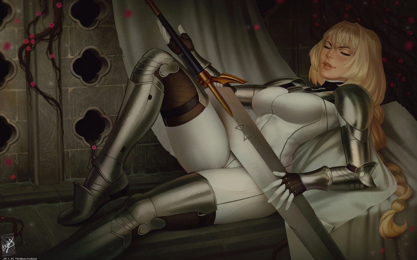 1girl armored_boots artist_name blonde_hair bodysuit boots braid breasts clare_(claymore) claymore_(series) closed_eyes dated fingerless_gloves gloves highres holding holding_sword holding_weapon knee_up large_breasts long_hair lying shoulder_plates signature sitting smile solo sword teeth themaestronoob weapon white_bodysuit white_gloves