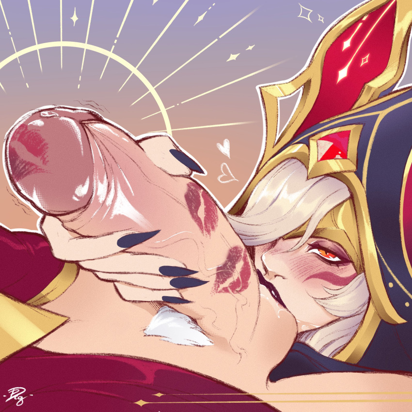 1boy 1girl arcana_rakan arcana_xayah blush double_daggers gem gradient_background handjob heart hetero highres hood hood_up league_of_legends licking licking_testicle lipstick_mark lipstick_mark_on_penis looking_at_another male_pubic_hair oral orange_eyes penis pubic_hair purple_lips rakan_(league_of_legends) red_shirt shiny_skin shirt testicles xayah