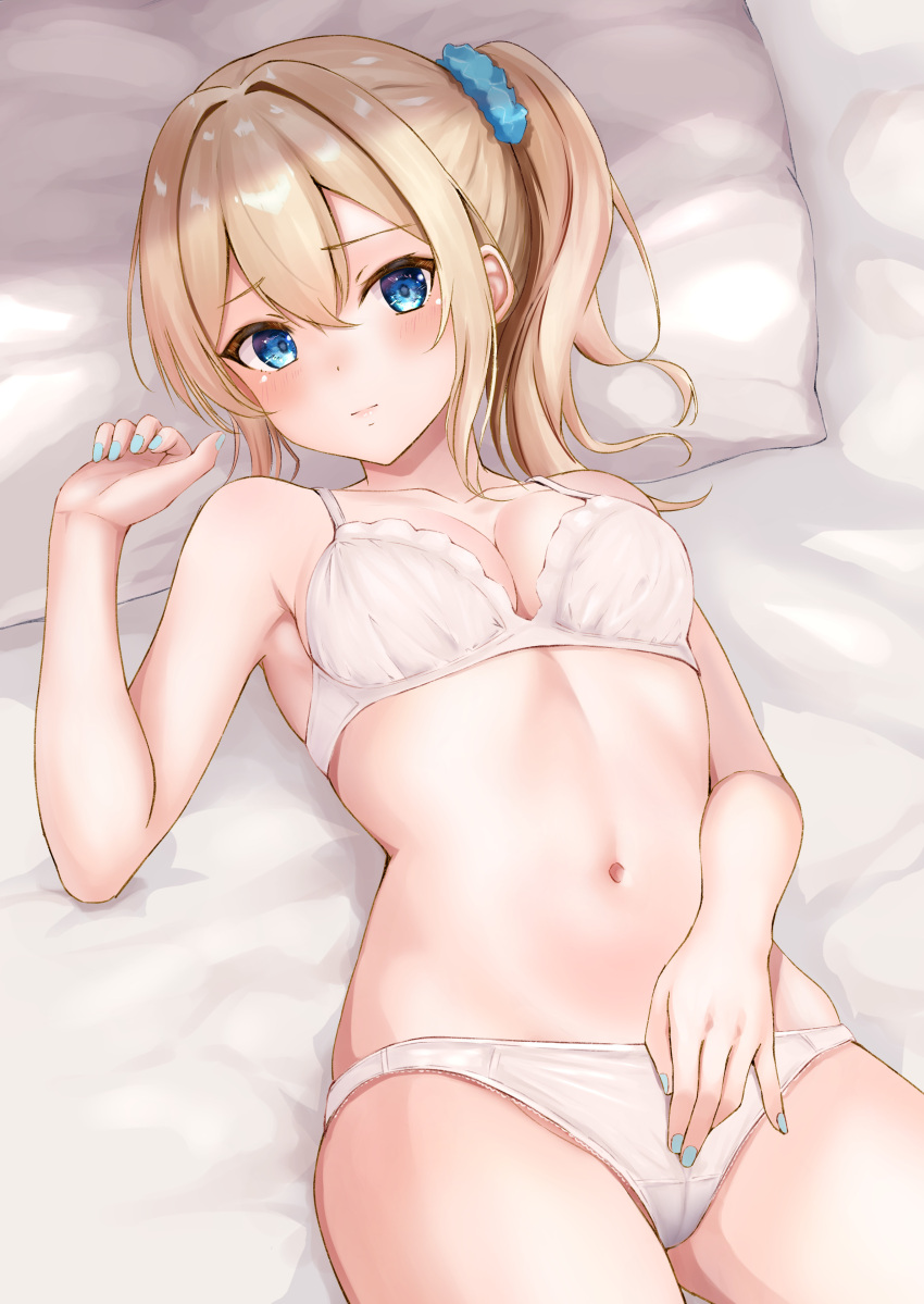 1girl absurdres bed_sheet blonde_hair blue_eyes blue_nails blue_scrunchie blush bra breasts ca_paria cleavage closed_mouth commentary_request hair_between_eyes hayasaka_ai highres kaguya-sama_wa_kokurasetai_~tensai-tachi_no_renai_zunousen~ long_hair lying medium_breasts navel on_back panties pillow scrunchie side_ponytail solo stomach underwear underwear_only white_bra white_panties