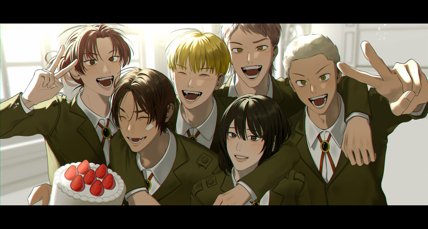 2girls 4boys arm_around_neck armin_arlert bandaid bandaid_on_cheek bandaid_on_face birthday_cake black_hair blonde_hair brown_eyes brown_hair brown_jacket cake choyiii closed_eyes collared_shirt connie_springer cross_tie eren_yeager food grey_hair hair_between_eyes happy_birthday highres jacket jean_kirchstein mikasa_ackerman multiple_boys multiple_girls open_mouth parted_bangs parted_lips ponytail sasha_braus scar scar_on_cheek scar_on_face shingeki_no_kyojin shirt short_hair smile upper_body v very_short_hair white_shirt