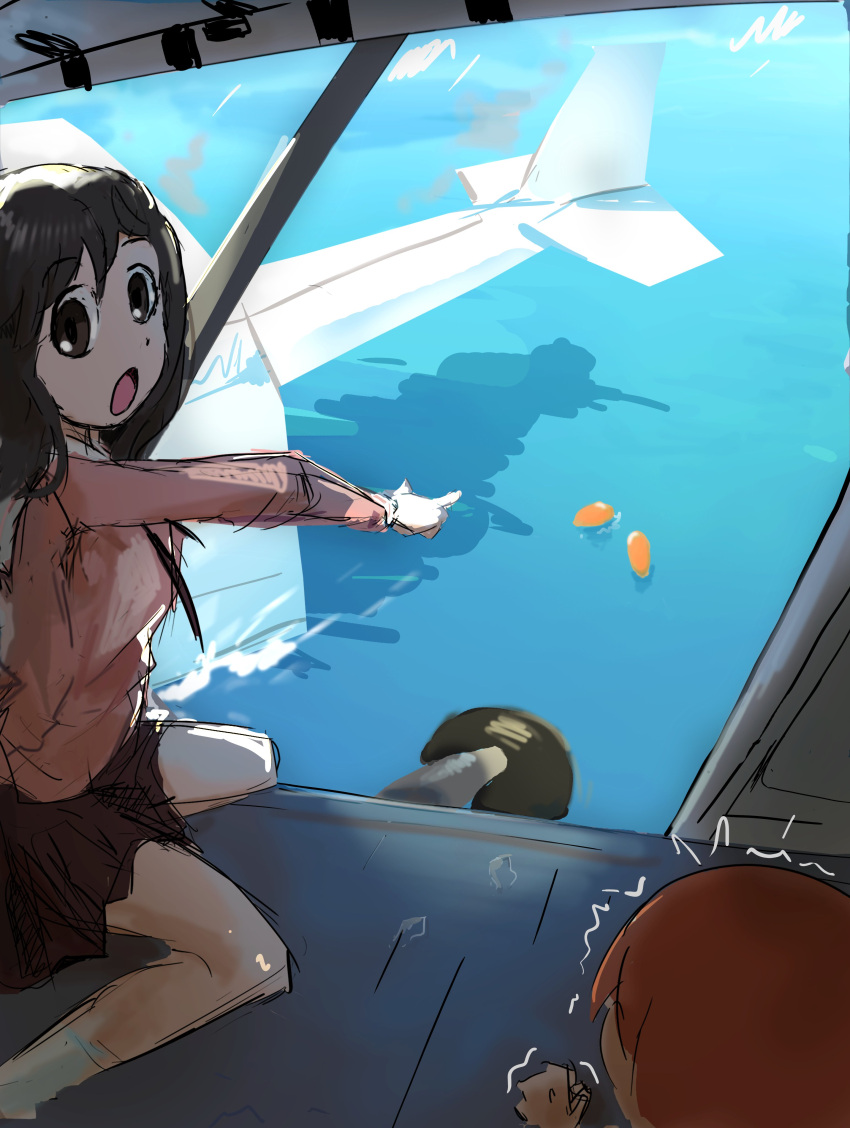 2girls absurdres aircraft airplane azumanga_daioh day highres kasuga_ayumu liamickpie multiple_girls ocean school_uniform short_hair sitting sunlight water