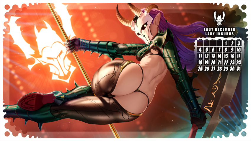 1girl armor ass boots border breasts brown_thighhighs copyright_request demon_horns from_behind glowing glowing_eyes high_heels highres holding holding_weapon horns long_hair mask medium_breasts purple_hair solo spiked themaestronoob thighhighs weapon white_border