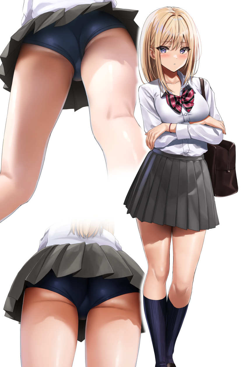 1girl absurdres arms_under_breasts ass bag blonde_hair blue_buruma blue_socks blush bow bowtie breasts bright_pupils buruma buruma_under_skirt check_commentary collared_shirt colored_skin commentary_request cropped_legs crossed_arms dress dress_shirt feet_out_of_frame from_below grey_skin hair_between_eyes highres kneehighs kneepits long_hair long_sleeves looking_at_viewer medium_breasts mtu_virus multiple_views original parted_lips pleated_dress purple_eyes school_bag school_uniform shirt shirt_tucked_in simple_background socks standing striped_bow striped_bowtie striped_clothes teeth uniform upskirt white_background white_pupils white_shirt yukemuriganmo
