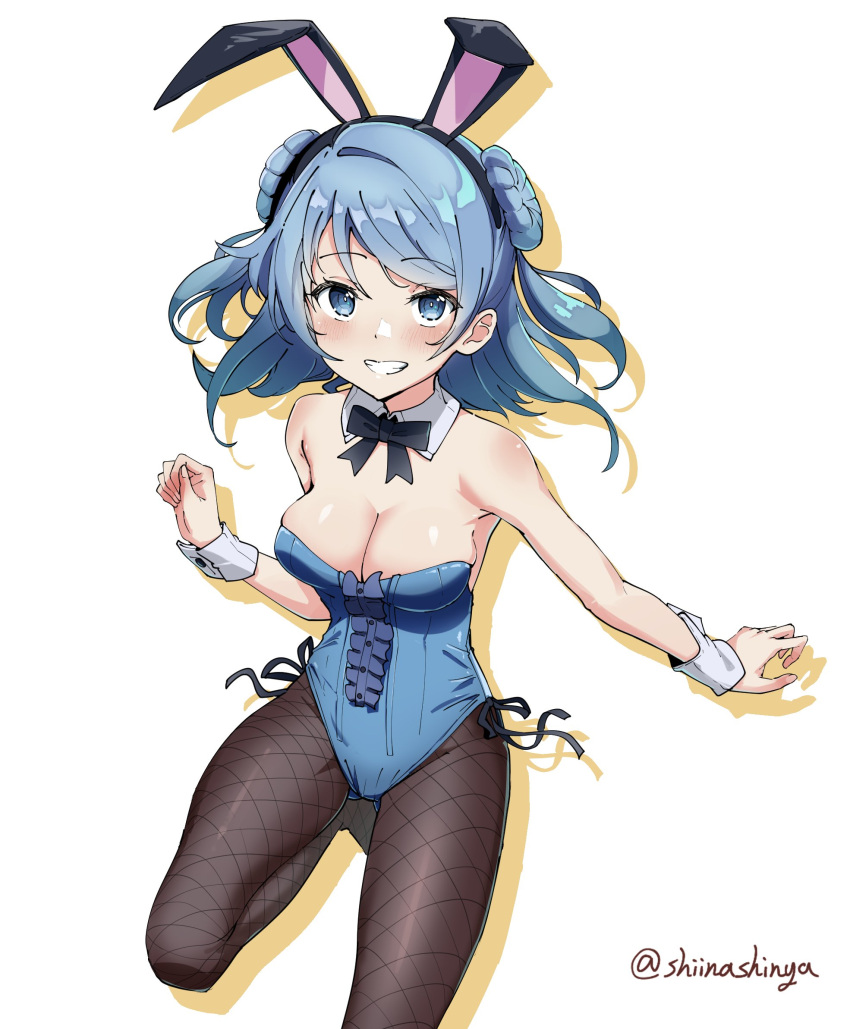 1girl animal_ears bare_shoulders black_gloves black_pantyhose blue_eyes blue_hair blue_leotard blush bow bowtie breasts detached_collar double_bun fake_animal_ears fishnet_pantyhose fishnets gloves hair_bun highres kantai_collection large_breasts leotard liking open_mouth pantyhose playboy_bunny rabbit_ears smile solo strapless strapless_leotard twitter_username urakaze_(kancolle) wrist_cuffs