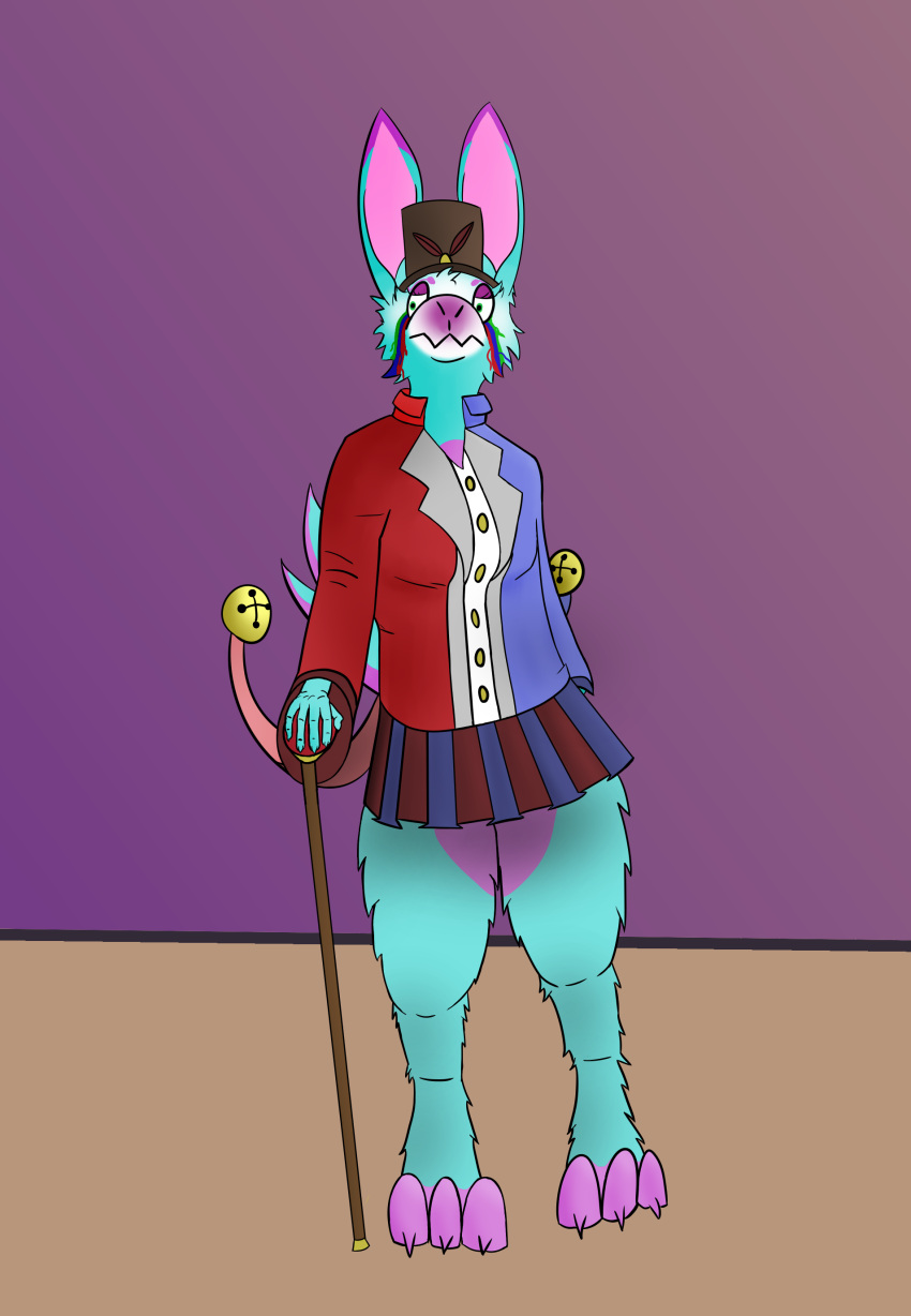 absurd_res anthro bell blue_body blue_fur bodypaint bottomwear cane clothing clown digital_drawing_(artwork) digital_media_(artwork) digitigrade face_paint female fetch_(fetchbunny) fetchbunny fur green_eyes hare hi_res lagomorph leporid mammal skirt solo trans_(lore) trans_woman_(lore)