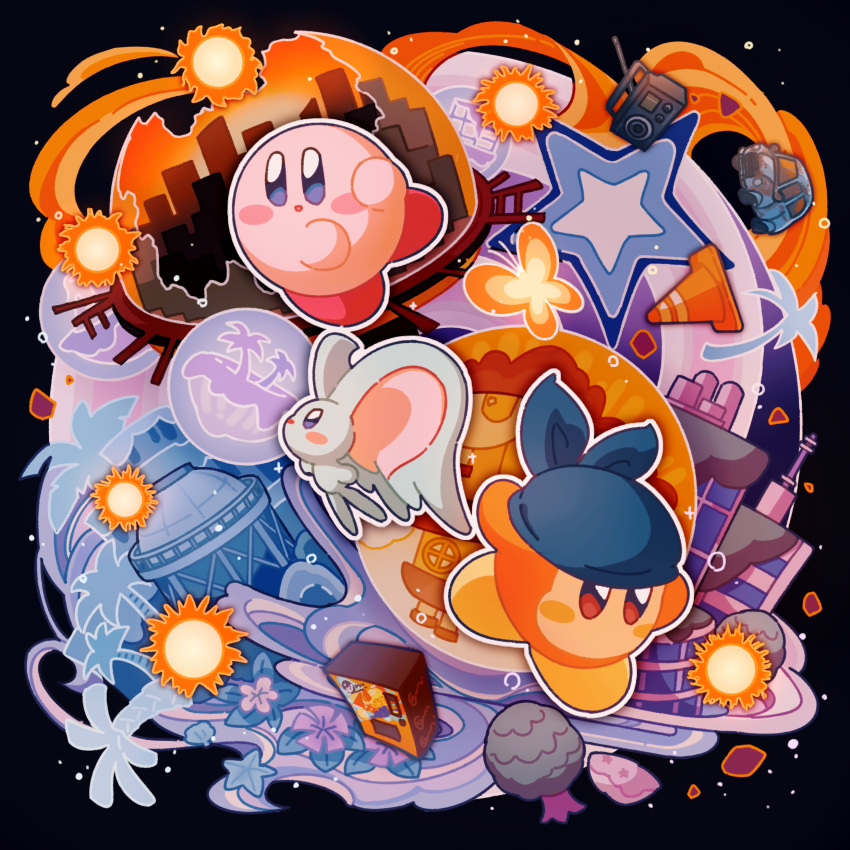 3boys absurdres bandana bandana_waddle_dee black_background blue_bandana blue_eyes building car colored_skin elfilin flower glef_life highres kirby kirby_(series) kirby_and_the_forgotten_land motor_vehicle multiple_boys open_mouth palm_tree pink_skin space star_(sky) star_(symbol) sun tree v-shaped_eyebrows