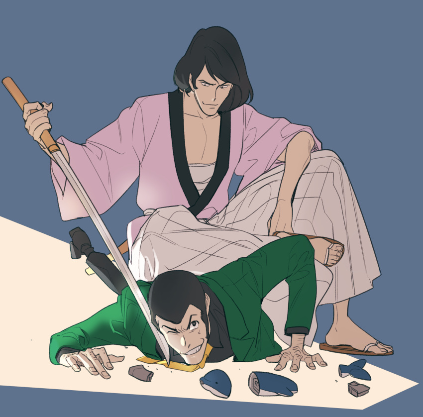 2boys arsene_lupin_iii bare_pectorals black_footwear black_hair black_pants black_shirt blue_background broken collarbone collared_shirt fingernails green_jacket grin hakama halorane hand_hair highres holding holding_sword holding_weapon ishikawa_goemon_xiii jacket japanese_clothes knuckle_hair long_sideburns looking_at_another lupin_iii lying male_focus multiple_boys necktie on_stomach one_eye_closed pants pectorals sandals shirt short_hair sideburns sitting sitting_on_person smile sweatdrop sword sword_to_throat weapon yaoi yellow_necktie zouri