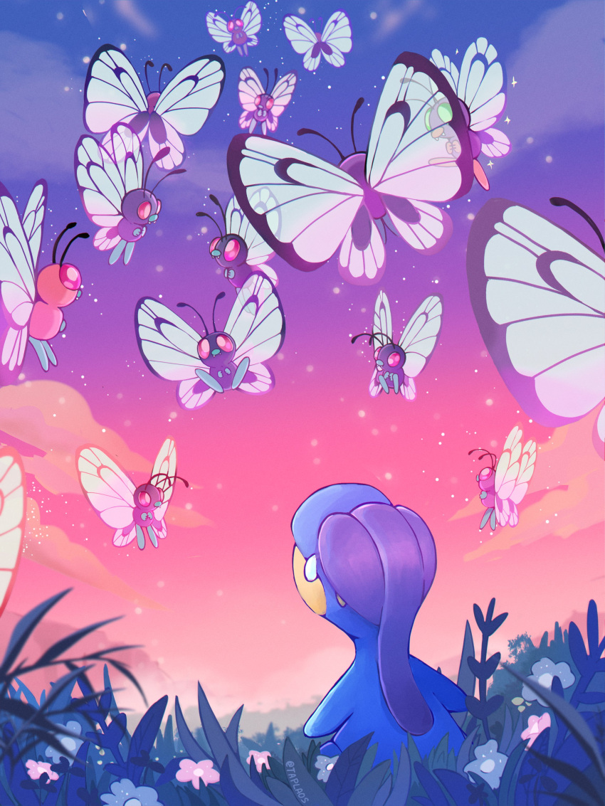 absurdres alternate_color animal_focus bagon blue_skin bug butterfly butterfree cloud colored_skin commentary flying gradient_sky grass highres horizon multicolored_sky no_humans pink_sky pokemon pokemon_(creature) purple_sky shiny_pokemon sky symbol-only_commentary taplaos wings