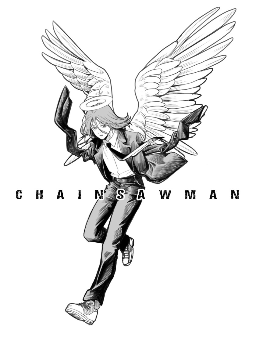 1boy angel_devil_(chainsaw_man) angel_wings arms_behind_back black_jacket black_necktie black_pants black_suit chainsaw_man collared_shirt feathered_wings full_body greyscale hair_between_eyes halo highres hitsuji_merry jacket long_hair long_sleeves looking_at_viewer male_focus monochrome necktie pants parted_lips shirt shirt_tucked_in shoes sneakers suit suit_jacket white_background white_shirt wings