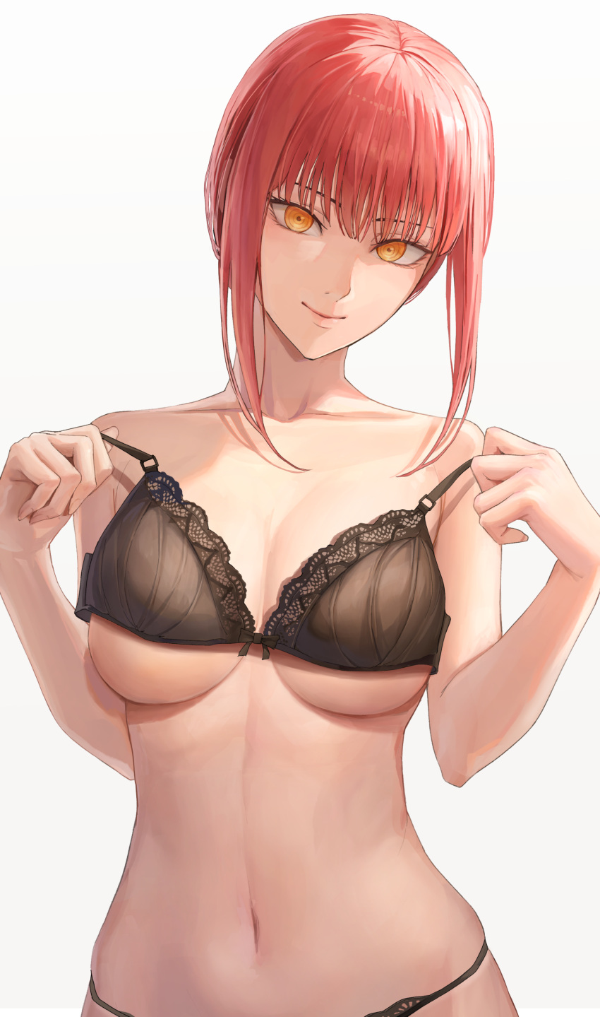 1girl absurdres ano_(gccx8784) black_bra black_panties bra breasts chainsaw_man collarbone highres lace-trimmed_bra lace_trim linea_alba looking_at_viewer makima_(chainsaw_man) medium_breasts navel panties red_hair ringed_eyes sidelocks simple_background skindentation smile solo stomach underboob underwear underwear_only white_background yellow_eyes
