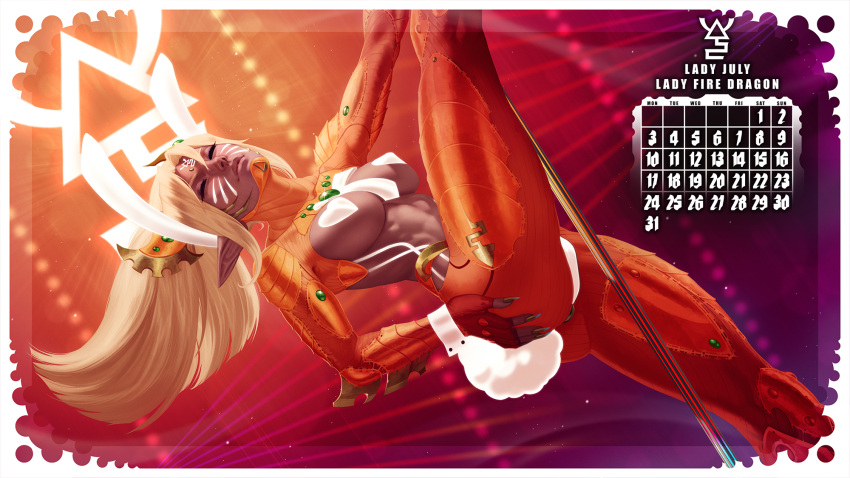 1girl animal_ears blonde_hair bow bowtie breasts calendar_(medium) character_request closed_mouth colored_skin crop_top fake_animal_ears fake_tail fingerless_gloves fire_dragon gem gloves glowing grey_skin hair_ornament hand_on_own_ass heart_pasties highres large_breasts leg_up long_hair panties pants pasties pointy_ears pole_dancing ponytail rabbit_ears rabbit_tail red_gloves red_pants red_shirt shirt smile solo striped_clothes striped_pants tail themaestronoob underwear warhammer_40k white_bow white_bowtie white_panties