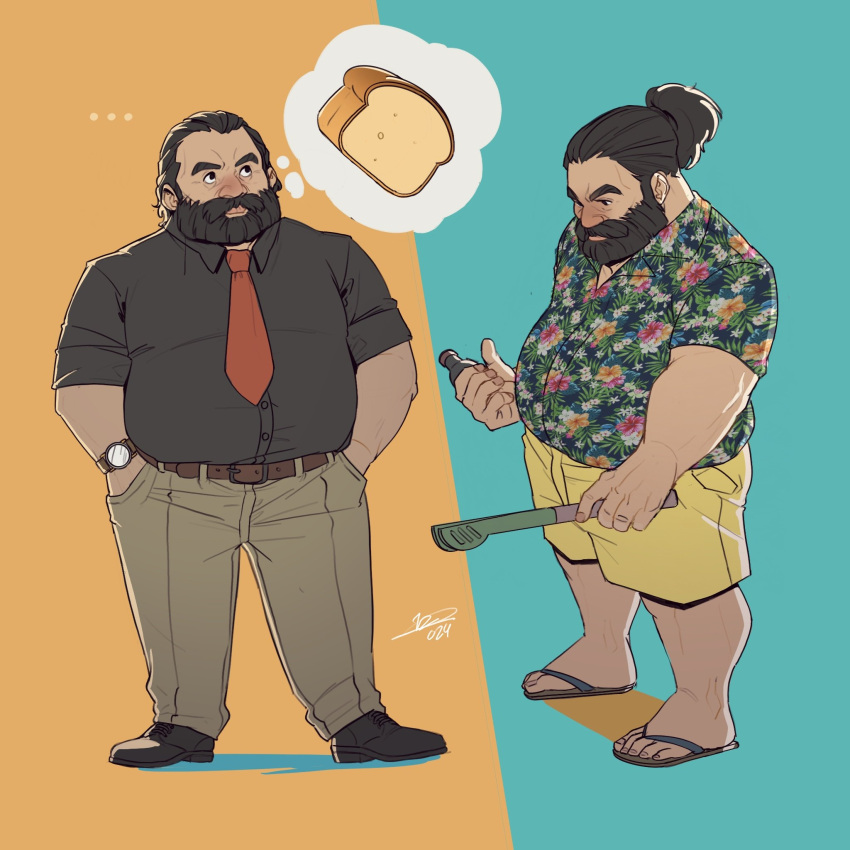 1boy alternate_beard_length alternate_costume alternate_hair_length alternate_hairstyle aqua_background beard belly belt black_footwear black_hair black_shirt blush bottle bread casual collared_shirt commentary covered_mouth dress_shirt dungeon_meshi dwarf english_commentary facial_hair flip-flops floral_print food formal full_beard full_body grey_pants hair_pulled_back hair_slicked_back hands_in_pockets hawaiian_shirt highres holding holding_bottle holding_tongs imagining looking_down male_focus multiple_views mustache necktie no_headwear nose_blush nurve26 orange_background pants ponytail print_shirt red_necktie sandals senshi_(dungeon_meshi) shirt shirt_tucked_in shoes short_sleeves shorts sideways_glance spoken_food standing thought_bubble tongs two-tone_background watch wristwatch yellow_shorts