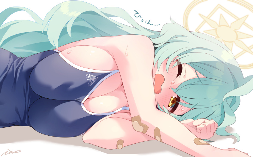 1girl abydos_high_school_swimsuit ahoge aqua_hair armpit_crease bandaid bandaid_on_arm bare_shoulders blue_archive blue_one-piece_swimsuit blush breasts breasts_squeezed_together cleavage commentary_request highres ima_(lm_ew) large_breasts looking_at_viewer lying on_side one-piece_swimsuit one_eye_closed open_mouth simple_background solo swimsuit upper_body white_background yellow_eyes yume_(blue_archive)