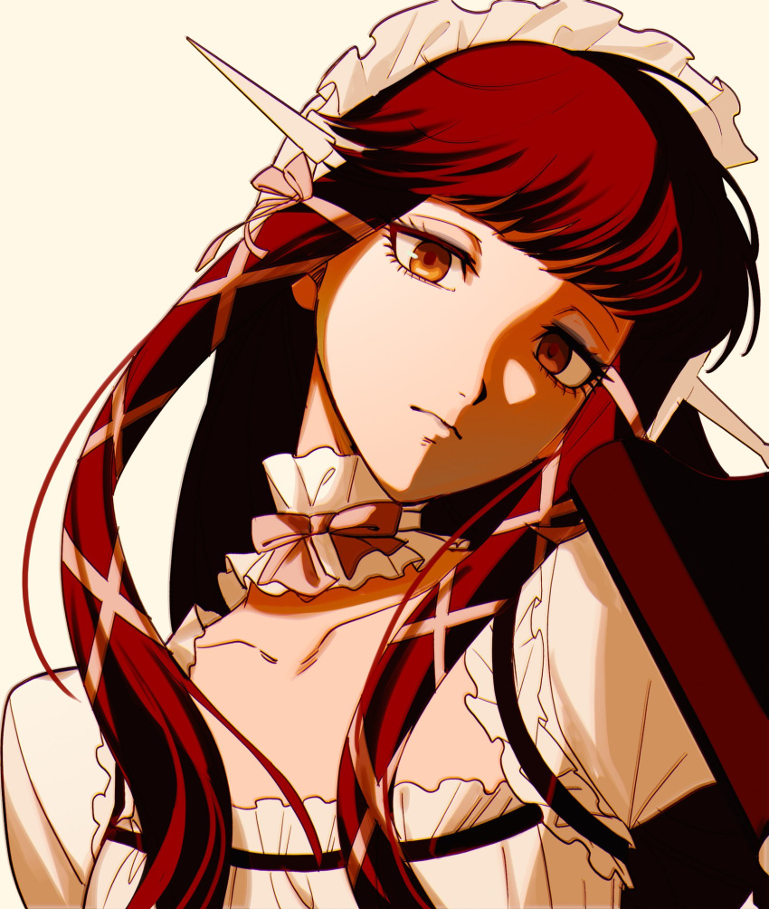 1girl blunt_bangs closed_mouth collar collarbone detached_collar dress eyelashes flat_chest frilled_collar frilled_hairband frilled_sleeves frills hair_ornament hair_ribbon hairband head_tilt highres langle_l long_hair looking_at_viewer persona persona_3 red_hair ribbon sidelocks simple_background solo upper_body white_dress white_hairband white_ribbon yellow_eyes yoshino_chidori