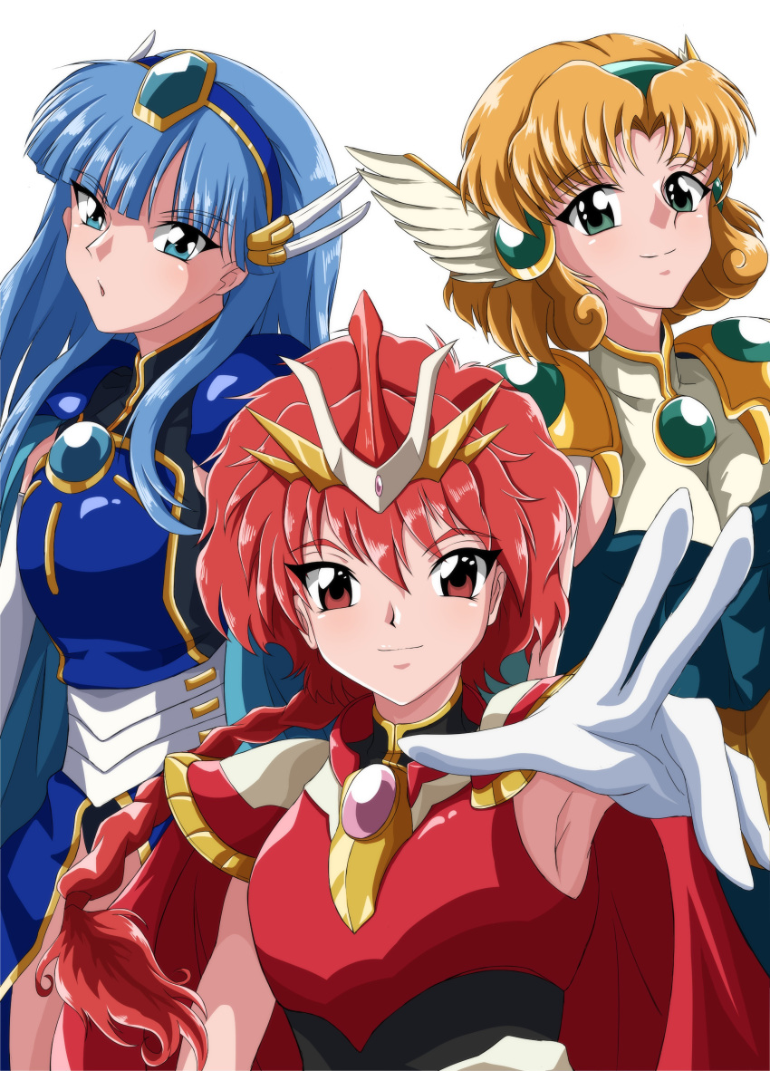 3girls absurdres armor blonde_hair blue_eyes blue_hair blue_hairband blue_skirt braid gem glasses green_eyes green_skirt hairband highres hououji_fuu long_hair looking_at_viewer magic_knight_rayearth multiple_girls open_mouth red_eyes red_hair ryuuzaki_umi safety_kaijo shidou_hikaru short_hair single_braid skirt smile