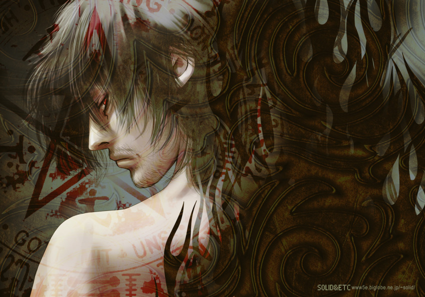 1boy alucard_(hellsing) artist_name bare_shoulders black_hair facial_hair from_behind frown goatee_stubble hellsing looking_back male_focus profile red_eyes solo stubble toshimichi_yukari vlad_tepes_(hellsing) web_address
