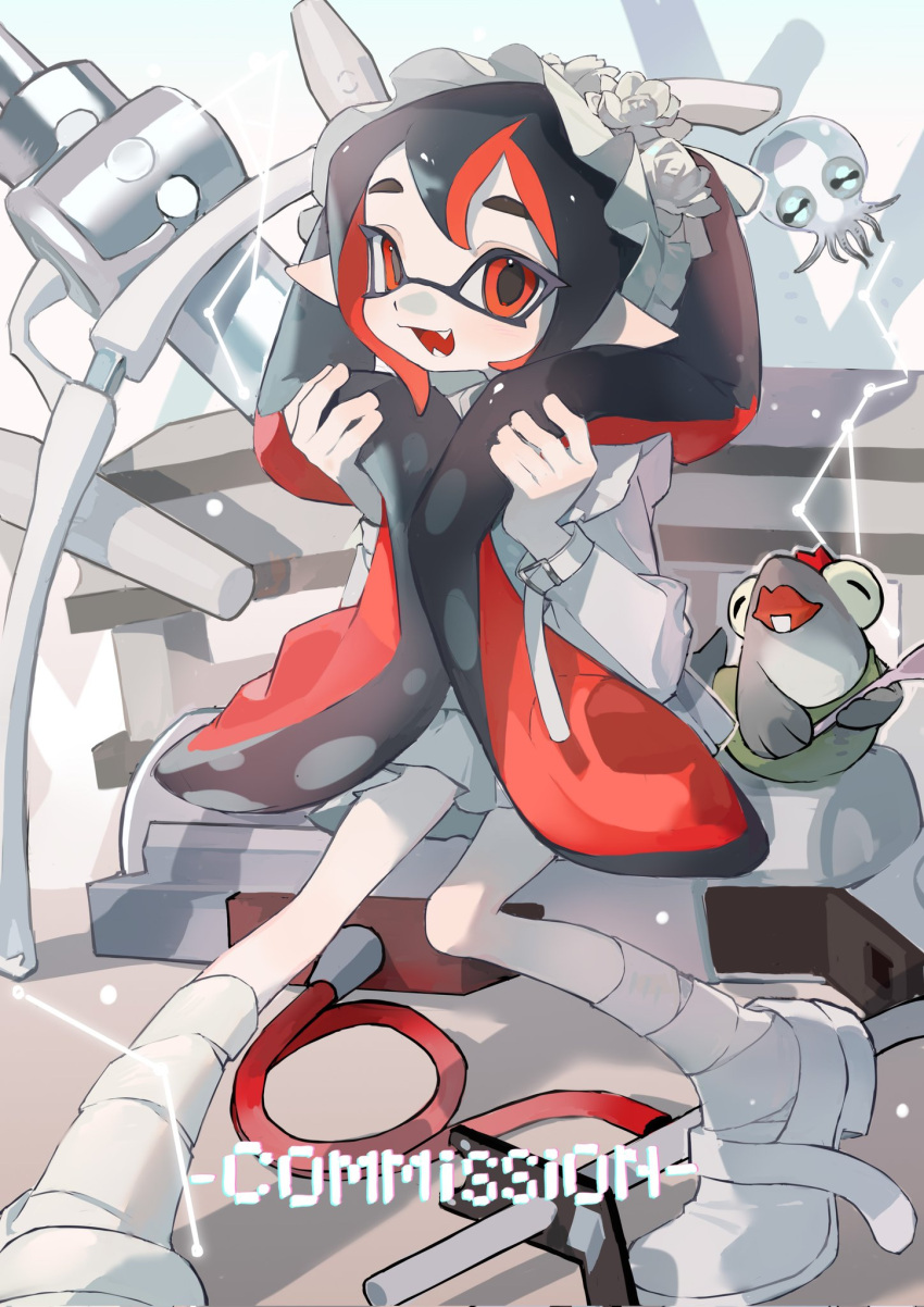 1girl :d bandaged_leg bandages belt black_hair commission dress fangs flower frilled_headwear full_body hair_flower hair_ornament headdress highres holding holding_hair holding_spoon inkling inkling_girl inkling_player_character long_hair multicolored_hair open_mouth order_stringer_(splatoon) p-pepper pointy_ears red_eyes red_hair smallfry_(splatoon) smile smollusk_(splatoon) splatoon_(series) splatoon_3 splatoon_3:_side_order spoon tentacle_hair twintails two-tone_hair watermark white_belt white_dress white_flower white_footwear white_headdress wrist_belt