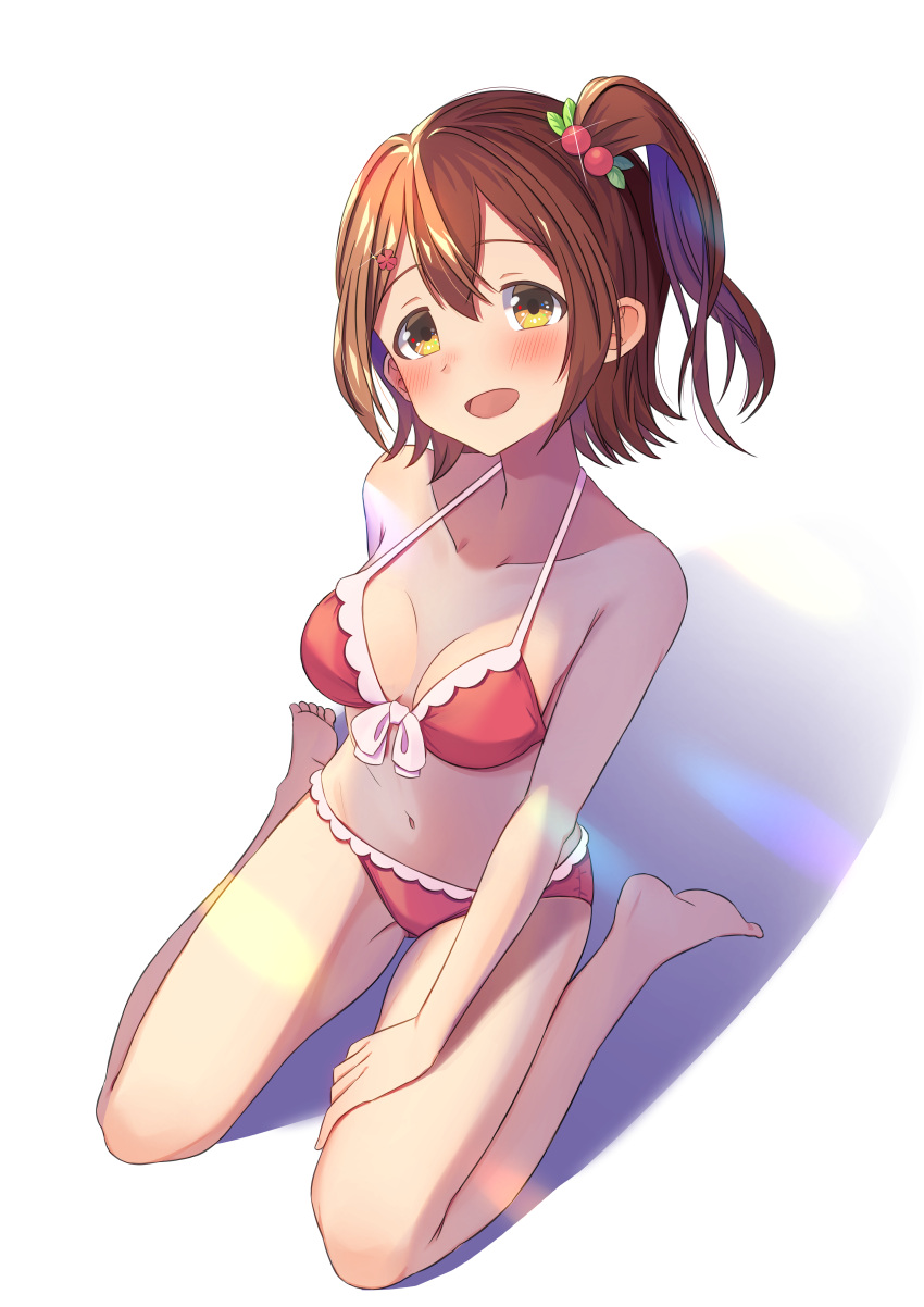 1girl absurdres bare_shoulders barefoot bikini blush breasts brown_eyes brown_hair cleavage collarbone dot_nose frilled_bikini frills from_above front-tie_bikini_top front-tie_top glint hair_bobbles hair_ornament hairclip hand_on_own_leg highres idolmaster idolmaster_million_live! idolmaster_million_live!_theater_days kasuga_mirai kuro_kinkan looking_at_viewer looking_up medium_breasts navel one_side_up open_mouth rainbow_gradient red_bikini shadow short_hair side_ponytail siimka1 sitting smile solo swimsuit wariza white_background