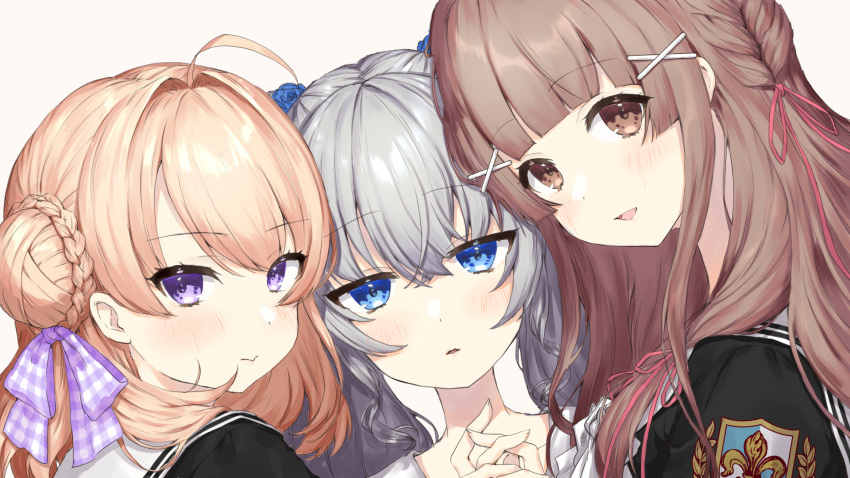 3girls ahoge bangs blonde_hair blue_eyes blush bow braid brown_eyes brown_hair character_request checkered_bow checkered_clothes close-up collarbone copyright_request double_bun eyebrows_visible_through_hair flower grey_hair hair_bow hair_bun hair_ornament hair_ribbon hairclip head_tilt highres lily_(flower) long_hair looking_at_viewer mejiro_yae multiple_girls open_mouth parted_lips pout purple_bow purple_eyes red_ribbon ribbon shoulder_patches sidelocks simple_background smile virtual_youtuber white_bow