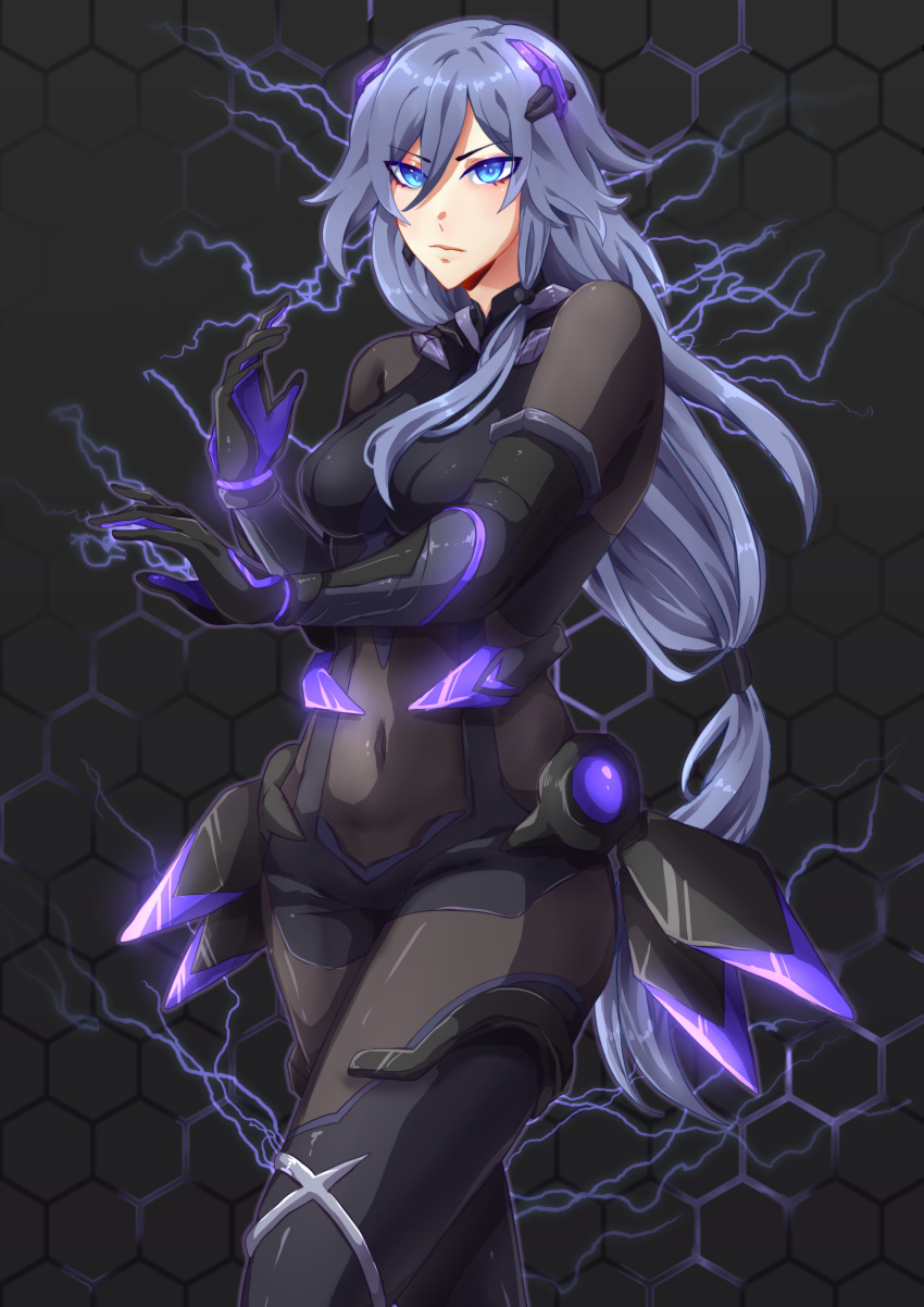 12nm 1girl absurdres black_background black_bodysuit black_gloves blue_eyes blue_hair bodysuit breasts closed_mouth covered_navel fu_hua fu_hua_(shadow_knight) gauntlets gloves grey_hair hair_between_eyes highres honkai_(series) honkai_impact_3rd jewelry lightning long_hair looking_at_viewer low-tied_long_hair low_ponytail medium_breasts ponytail power_suit skin_tight solo stomach thighs