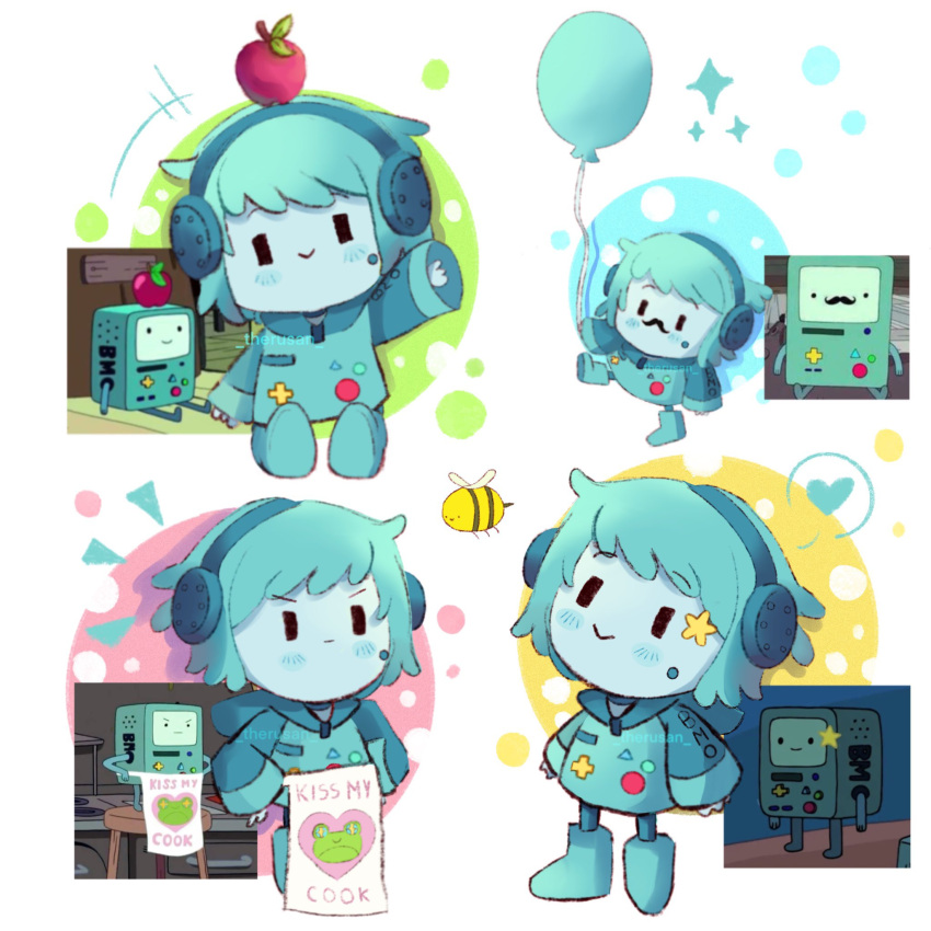 adventure_time apple apron aqua_footwear aqua_hair aqua_skin balloon bee blush bmo boots bug english_text facial_hair food fruit headphones heart highres humanization mustache no_nose reference_inset sparkle spoken_heart star_(symbol) sticker therusan