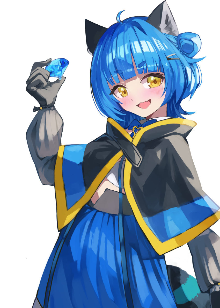 1girl absurdres animal_ears black_capelet blue_capelet blue_hair blue_skirt blush capelet commission diamond_(gemstone) fang gara_(qbeuxvii22) gem hair_bun hair_ornament hairclip hand_up highres holding holding_gem idol_corp open_mouth poko_rakun raccoon_ears raccoon_girl raccoon_tail second-party_source short_hair skin_fang skirt smile striped_tail tail two-tone_capelet yellow_eyes